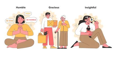 Warm vector illustrations portraying humility, grace, and insightfulness, with Stock Illustration