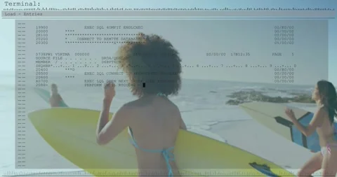 Warm waves luring trio racing into sea, mid woman holding yellow board, tech Stock Footage 332280652