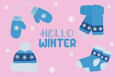 Warm winter accessory set mittens, hat, scarf and socks, flat style vector Stock Illustration