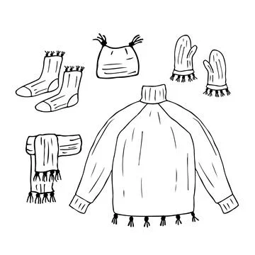 Warm winter clothes, hand-drawn, black and white vector illustration Illustrazione stock