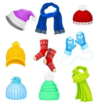 Warm Winter Clothes with Hat, Socks and Scarf Vector Set Stock Illustration