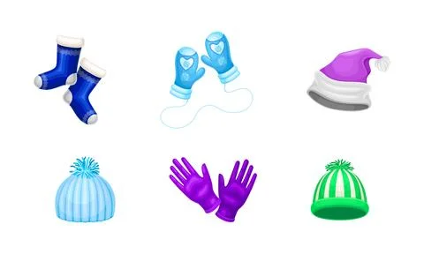 Warm Winter Clothes with Hat, Socks and Pair of Mitten Vector Set Stock Illustration