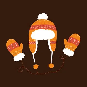 Warm winter hat and mittens in brown, soft fluffy cozy clothes with flat pa.. Stock Illustration