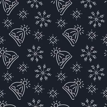 Warm winter knitted hat and snowflakes. Seamless pattern for handmade market. Stock Illustration