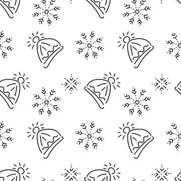 Warm winter knitted hat and snowflakes. Seamless pattern for handmade market. Stock Illustration