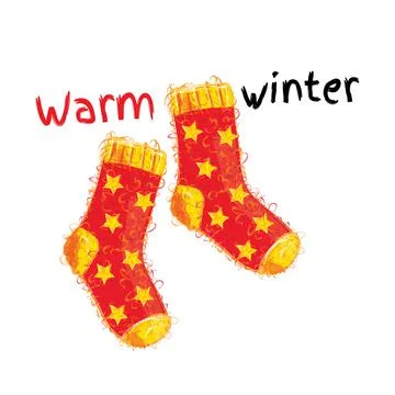 Warm winter woolen red socks with yellow stars Stock Illustration
