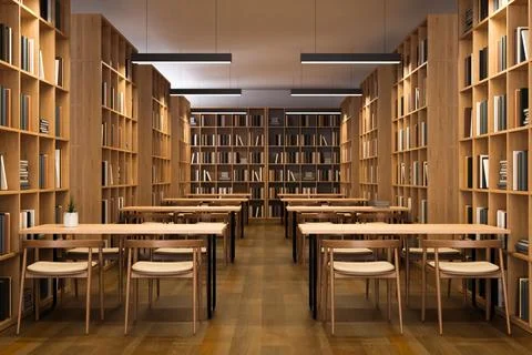 Warm Wooden Library Interior with Study Desks and Tall Bookshelves Stock Illustration