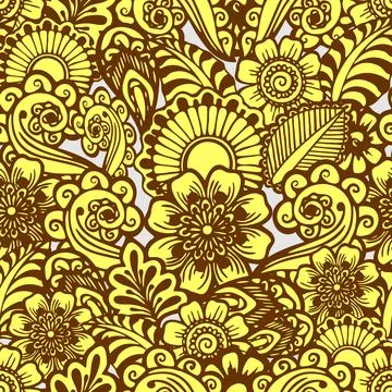 Warm yellow-brown pattern on a gray background, floral repeating pattern, ori Illustrazione stock