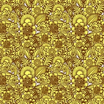 Warm yellow-brown pattern on a gray background, floral repeating pattern, o.. Illustrazione stock