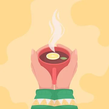 Warming on cup of black lemon tea flat color vector illustration Stock Illustration