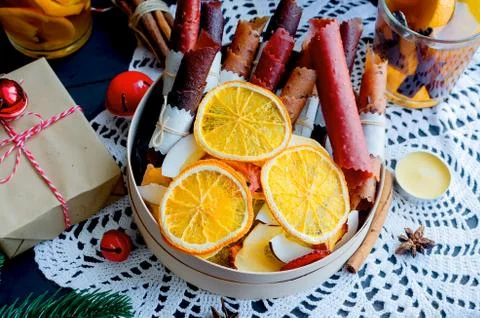 Warming winter tea, dry fruits on xmas day Stockfoto's