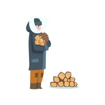 Warmly dressed man bringing some firewood, outdoor leisure, extremal ice winter Stock Illustration