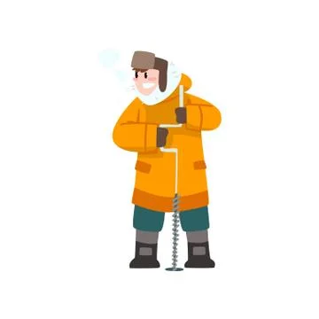 Warmly dressed man with ice drill, outdoor leisure, extremal ice winter fishing Stock Illustration