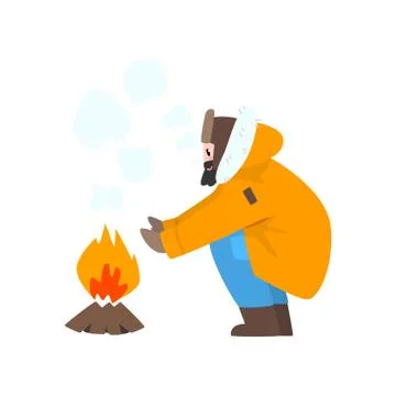 Warmly dressed man warming his hands by the fire, outdoor leisure, extremal ice Stock Illustration