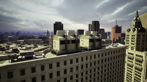 Warmly illuminated rooftop captures Chicago skyline during sunset hours Stock Footage 340666673