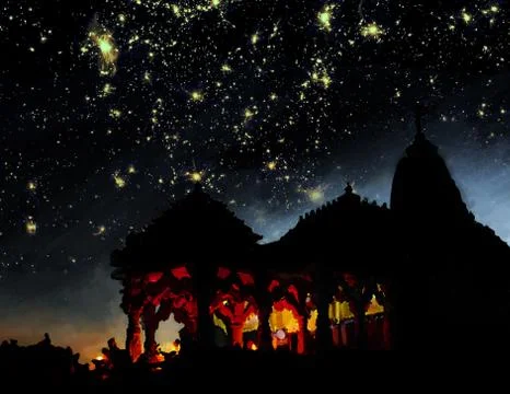 Warmth glows within a temple while constellations burn overhead. Stock Illustration