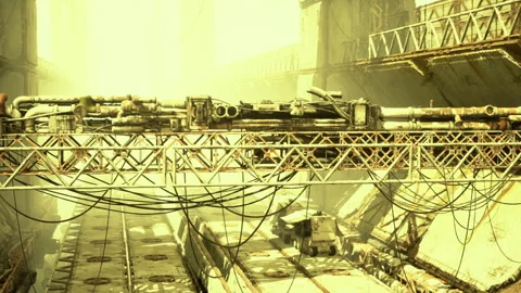 Warmtoned service corridor with intricate structural elements and sunlight Stock Footage 340348026