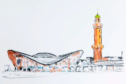 Warnemuende lighthouse and the teepott building, warnemuende, baltic sea, mec Ilustración de archivo