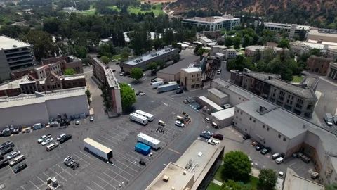 The Warner Bros. Studio lot in Burbank, California - aerial establishing Stock Footage 197643656