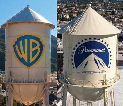Warner Bros. Studios and Paramount Pictures water tank and towers, logo, sign Stock Photos