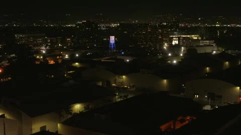 Warner Brothers Studios and Water Tower Hollywood California Night Aerial Stock-Footage 335348442