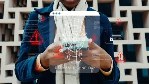 Warning about deep fake technology with a person holding a smartphone in an Фото