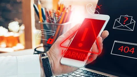 Warning about scam call SMS message on smartphone with alerts Stock Photos