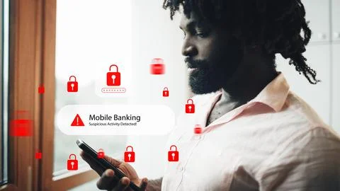 Warning about scam call SMS message regarding mobile banking issues Stock Photos