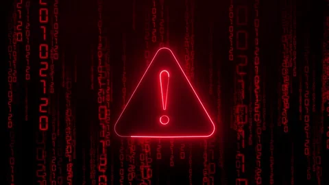 Warning Alert Animation with Red Exclamation Sign and Matrix Digital Code Stock Footage 320688234
