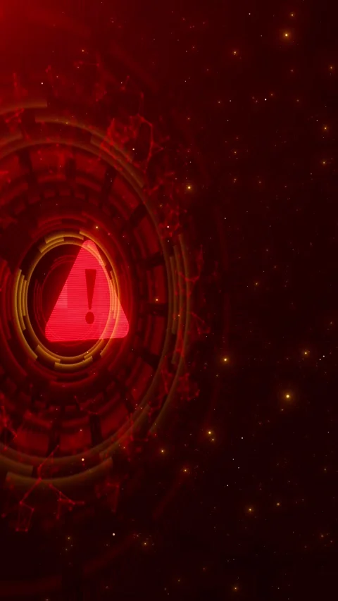 Warning alert cyber backdrop red hazard symbol, digital rings, network particles Stock Footage 334100799