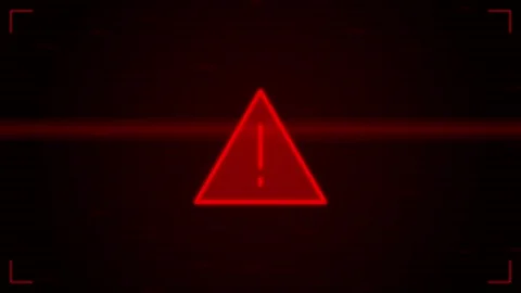 Warning Alert Screen. Red glowing warning triangle icon on dark technical Видео 341542941