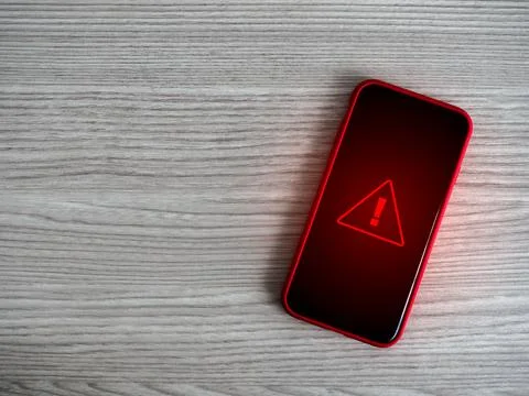 Warning alert screen. Red triangle, system hacked urgent sign, malware, att.. Stock Photos