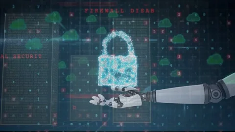 Warning alerts flashing, robotic arm forming cloud, morphing padlock to shield, Stock Footage 334768621