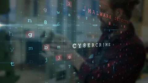Warning and malware detection animation over person using smartphone Stock Footage 305432615