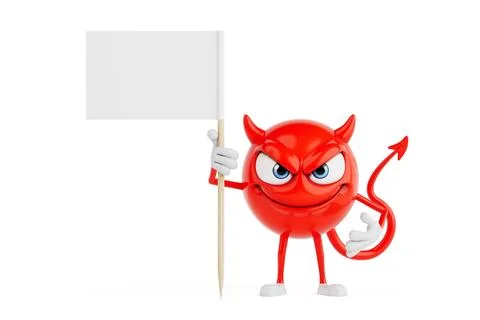 Warning And Protest Message Concept. Red Devil Cartoon Character Holding Bl.. Stock Illustration