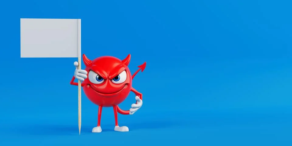 Warning And Protest Message Concept. Red Devil Cartoon Character Holding Bl.. Illustrazione stock