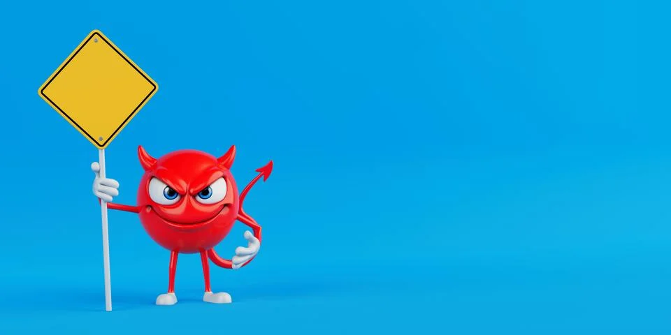 Warning And Provocation Concept. Red Devil Cartoon Character Holding Blank .. Stock Illustration
