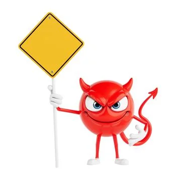 Warning And Provocation Concept. Red Devil Cartoon Character Holding Blank .. Stock Illustration