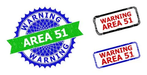 WARNING AREA 51 Rosette and Rectangle Bicolor Seals with Corroded Styles Stock Illustration