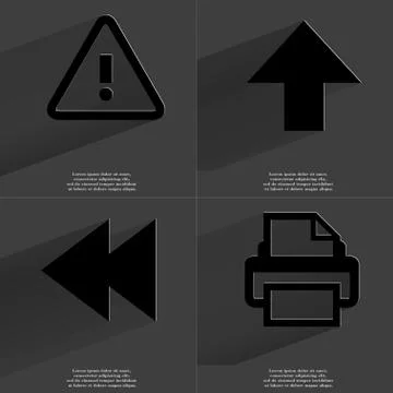 Warning, Arrow directed upwards, Two arrows media, Printer icon sign. Set of  Stock Illustration