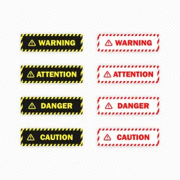 Warning, attention, danger and caution button set. Vector on transparent isol Stock Illustration