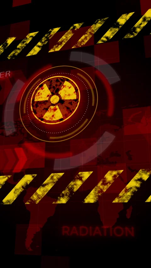 Warning background with glowing nuclear symbol. Red screen message radioactive Stock Footage 308523750