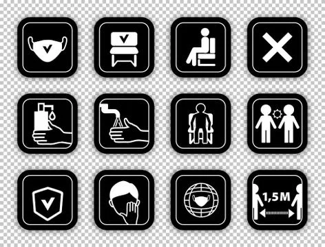Warning black signs on transparent background.. Keep distance between people. Do 스톡 일러스트