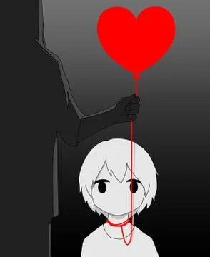 Warning! child got tangled playing in the red balloon thread, mother saves him Stock Illustration