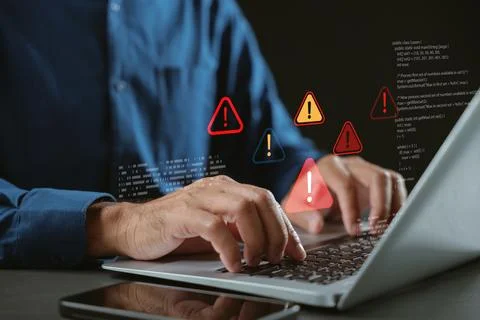 Warning computer cybersecurity threats hacking ransomware phishing triangle.. Stock-Fotos