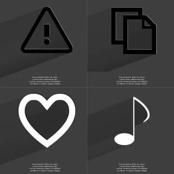 Warning, Copy, Heart, Note icon sign. Set of Symbols with Flat design and Lon 스톡 일러스트