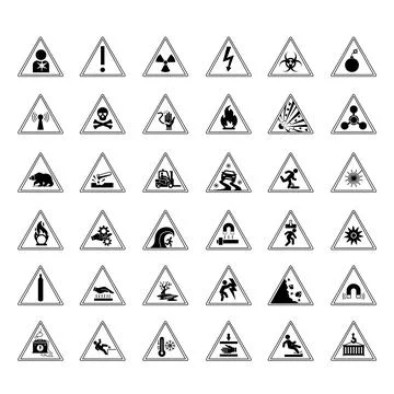 Warning Danger Signs. Vector Icons Biological Hazard, High Voltage, Carcino.. Stock Illustration
