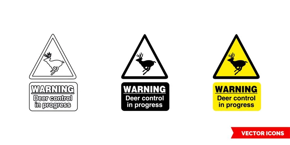 Warning deer control in progress hazard sign icon of 3 types color, black and Stock Illustration