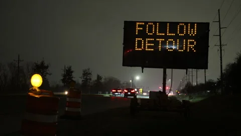 Warning display sign of closed road ahead. Portable and Electronic Traffic Signs Stock Footage 322089121