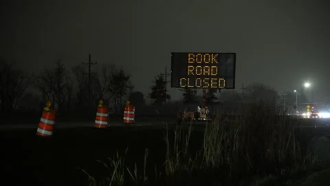 Warning display sign of closed road. Portable and Electronic Traffic Signs at Stock-Footage 322544543